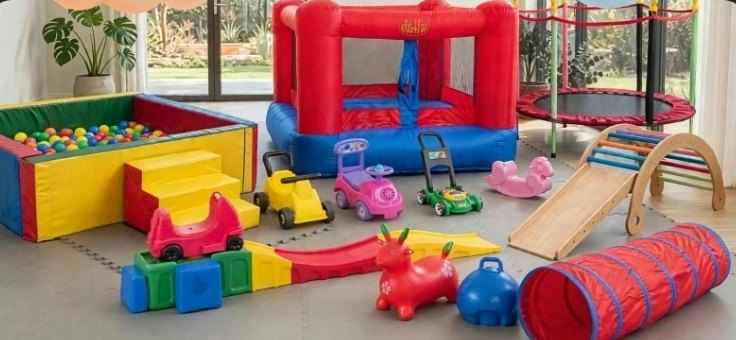 Plaza blanda con piscina de pelotas, inflable para bebé, autitos, balancín, túnel, Pikler y cama elástica