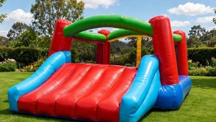 Saltarín inflable rojo, azul y verde con rampa de entrada, sobre pasto